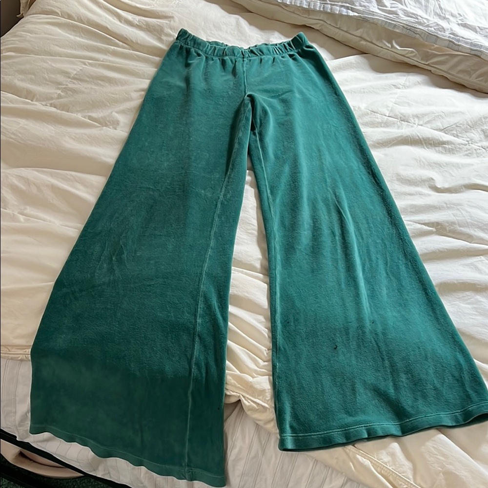 Suzie Kondi Wide Leg Flare High Waist Velour Teal Pants Size XS- see pics!!